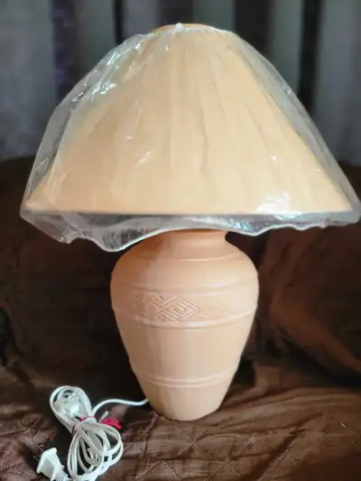 Terracotta table lamp peach colour with shade, View more