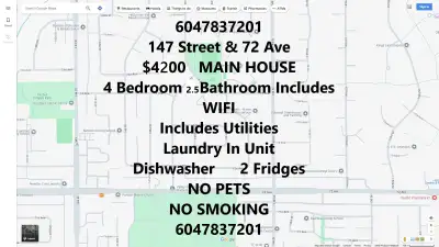 $4200 7280 147A Street 4 Bedroom 2.5 Bathroom Includes Utilities WIFI Dishwasher 2 Fridges Laundry N...