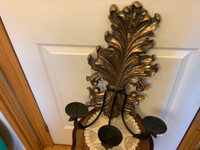 Vintage Ornate Iron & Chalkware Three Candle Wall Sconce