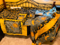 Comforter bed set queen size black golden yellow sun moon stars