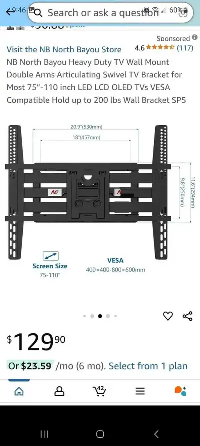 full motion tv wall mount 75 -110" tv (  brand new , View more