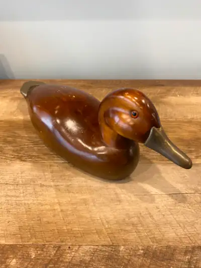 Vintage Collectible Hand Craved Wooden Duck Decoy with Brass Bill, Tail and Glass Eyes  Measurements...