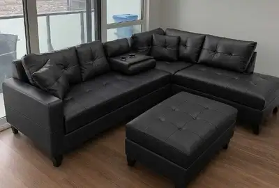 Black Faux Leather Sectional Couch, View more