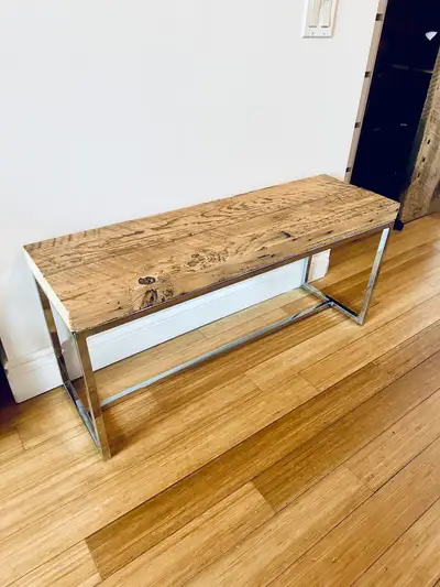 VINTAGE RECLAIMED WOOD BARN BEAM CHROME BENCH SEAT COFFEE TABLE, View more