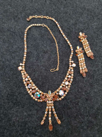 SHERMAN Brown Cognac Aurora Borealis Necklace Earrings Boxed Set