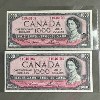 1954 Sequential $1000 Canadian Banknotes
