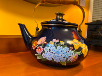 Vintage Enamel Ware Teapot Wooden Handle With Painted Flowers