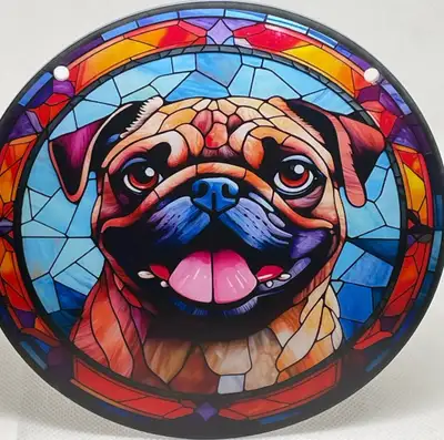 Pick up in Noelville. Delivery/Shipping also available. New, unused Pug Dog colourful acrylic suncat...
