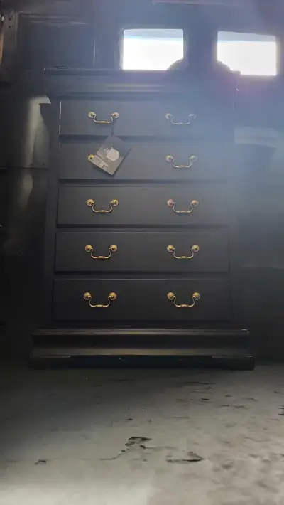 Black Tallboy Dresser with gold.  DELIVERY AVAIL, View more