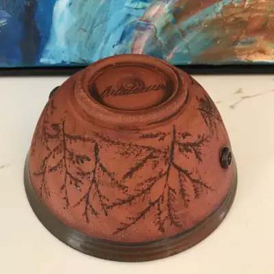 Studio Pottery Redware Bowl / Planter w Impressed Leaves, View more