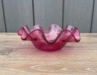 Cranberry Vintage Glass Thick Ripple Rim Bowl