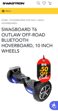 SWAGBOARD T6 OUTLAW OFF-ROAD BLUETOOTH HOVERBOARD, 10 INCH WHEEL