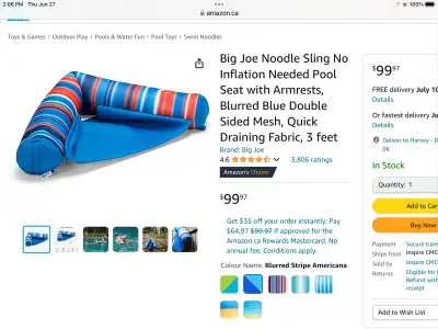 The Big Joe Noodle Slings 102.9 x 61 cm with no air required, built-in seat and armrest gives you th...