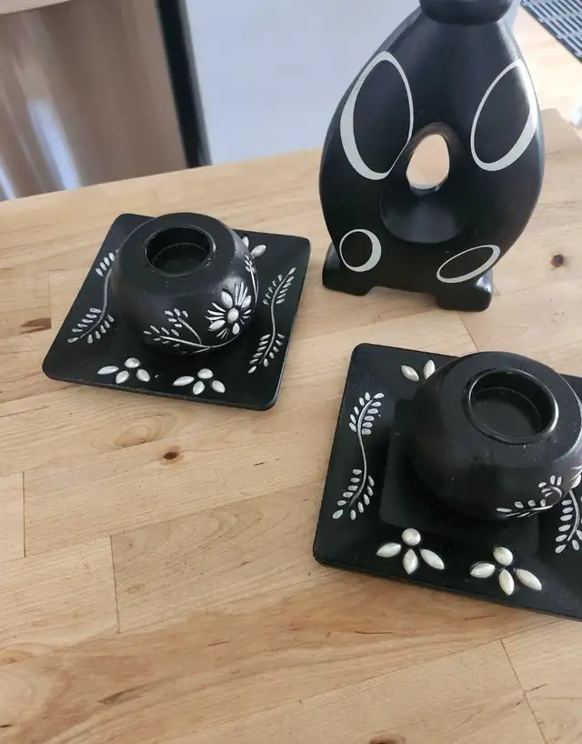 Brand New Black & Pearl Vase And Matching Candle Holders