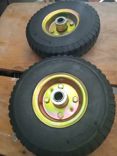 These are 2 sturdy, used tires, perfect for a wheelbarrow or garden cart that needs reliable wheels....