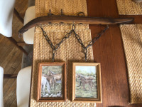 Vintage Wooden Horse Hame W/ Metal Chains & Two Wooden Pictures