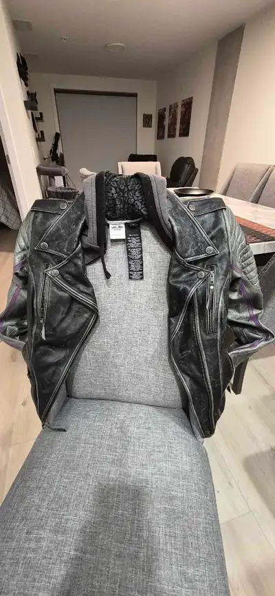 Beautiful lady Harley Davidson jacket with purple accent attached hoodie.