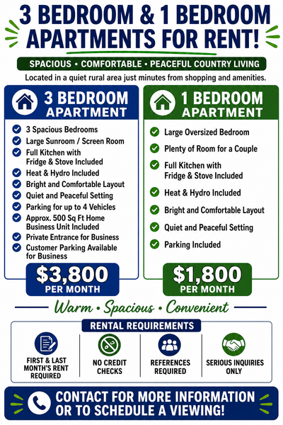 2-APARTMENTS FOR RENT Spacious • Comfortable • Country Living Located in a rural area just minutes f...