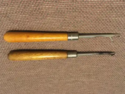 New price Two Vintage Rug Hooks - Daw Vintage 6” wooden handles in excellent condition from a smoke-...