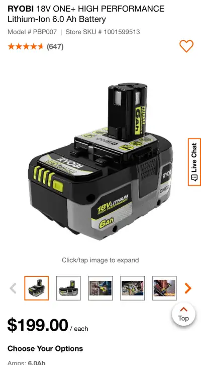 Ryobi 6 amp battery no charger new, View more