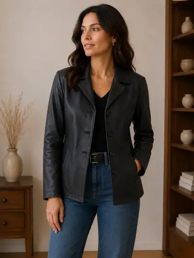 Women’s Classic Black Leather Blazer Jacket, View more