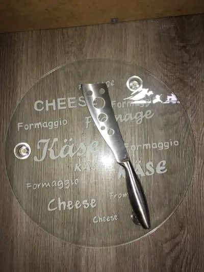 Glass cheese board with knife, View more