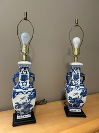 Matching Porcelain Side Table Accent Lamps - 29in Tall