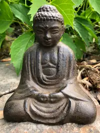 Vintage cast iron sitting Buddha statue dark brown 5” tall