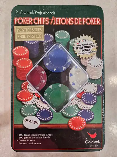 $30 Brand new, sealed case 100 Dual-Toned Chips Plus Dealer Button Prestige Series