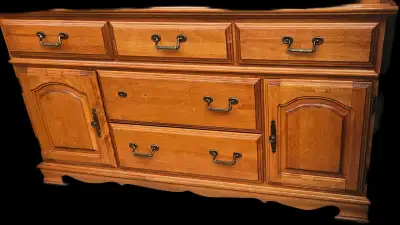 Early American Solid Wood Triple Dresser with Tri-Fold Mirror, View more
