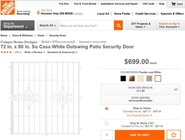 72" x 80" Outswing patio security door with Brinks keyed lockset in Decks & Fences in Mississauga / Peel Region