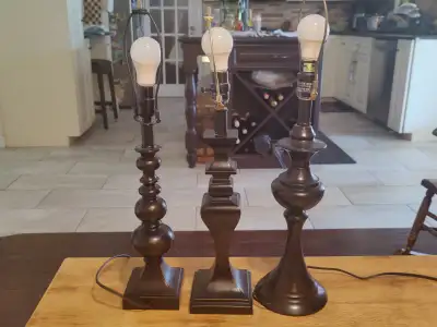 Three Wooden Table Lamps With Shades., View more
