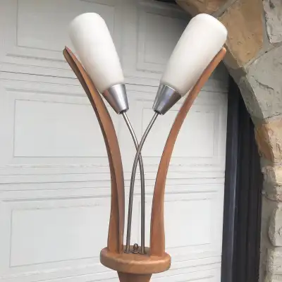 MCM TULIP Floor Lamp - figural wood, brass, and glass, View more