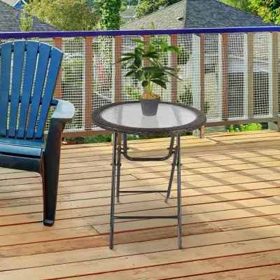 26.8" Dia. (68 Dia. cm) Folding Round Tempered Glass Metal Table with Brown Rattan Edging, Brown Fea...