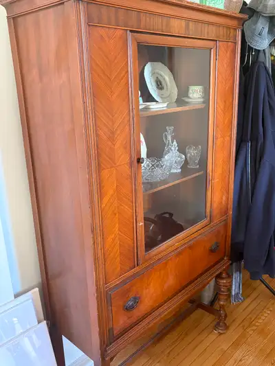 Elegant Vintage Herringbone Veneer Display Hutch/China Cabinet, View more