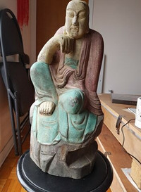 sculture bois centenaire moine boudhiste