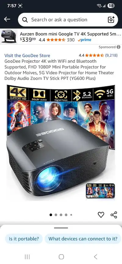 New GooDee Projector 4K with WiFi and Bluetooth Supported, FHD 1080P Mini Portable Projector for Out...