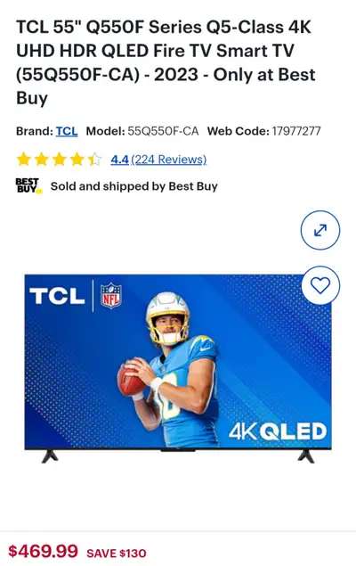 TCL 55" Q550F Series Q5-Class 4K UHD HDR QLED Fire TV Smart TV, View more