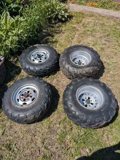 Honda ATV rims and tires. Came off a Honda Fourtrax 300. Tires hold and air rims are good condition.
