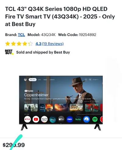 2025 - TCL 43" Q34K 1080p HD QLED Fire TV Smart TV (43Q34K), View more