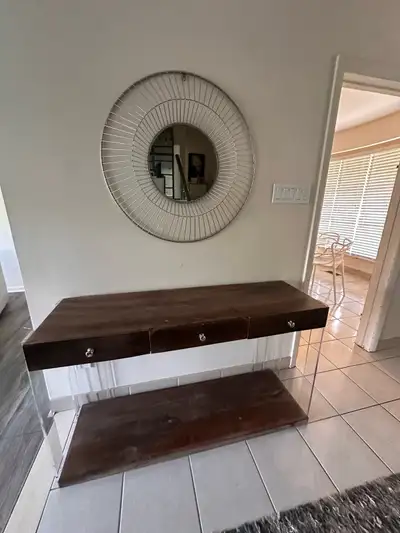 Distressed wood and acrylic console + wall mirror, View more