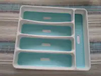 Teal and white cutlery separator tray