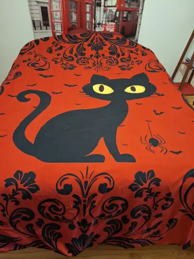 Housse de couette pour lit double, motif de chat et autres, noir, rouge et jaune, avec fermeture écl...