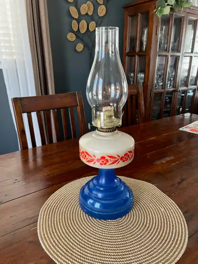 Antique Queen Ann Home Sweet Home Red Flower Blue Glass. Not cracks not chips. Very clean, 18" tall....
