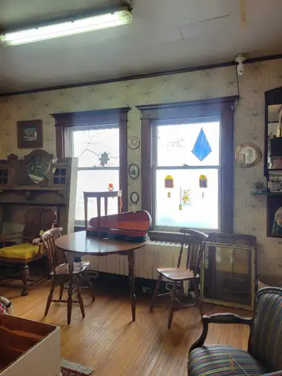 Vintage Round Wood Kitchen Table and Two Chairs, View more