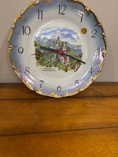 Vintage German Neuschwanstein Castle Porcelain Plate Wall Clock, View more
