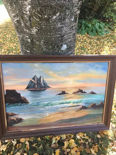 Large waterfront oil painting, View more