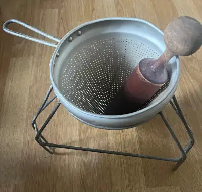 VINTAGE METAL COLANDER CONE SIEVE & WOODEN PESTLE, View more