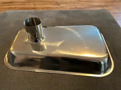 Meat grinder tray purchased at Nella years ago , never used . 14.5” long 9.5 wide 2” deep 2 1/8 hole