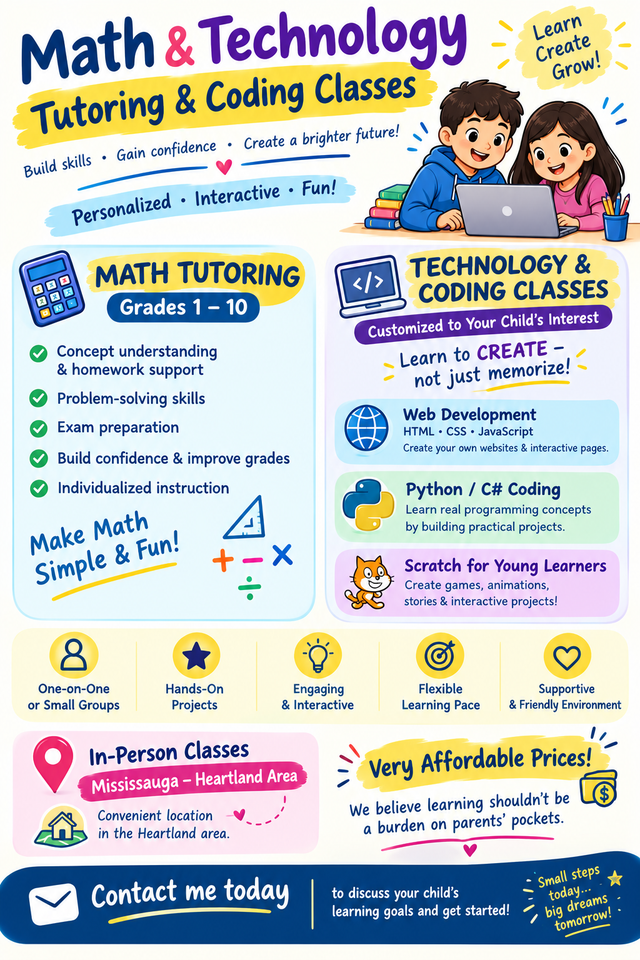 Tutor available for Math Grade(1-10) and Coding (all age group)
